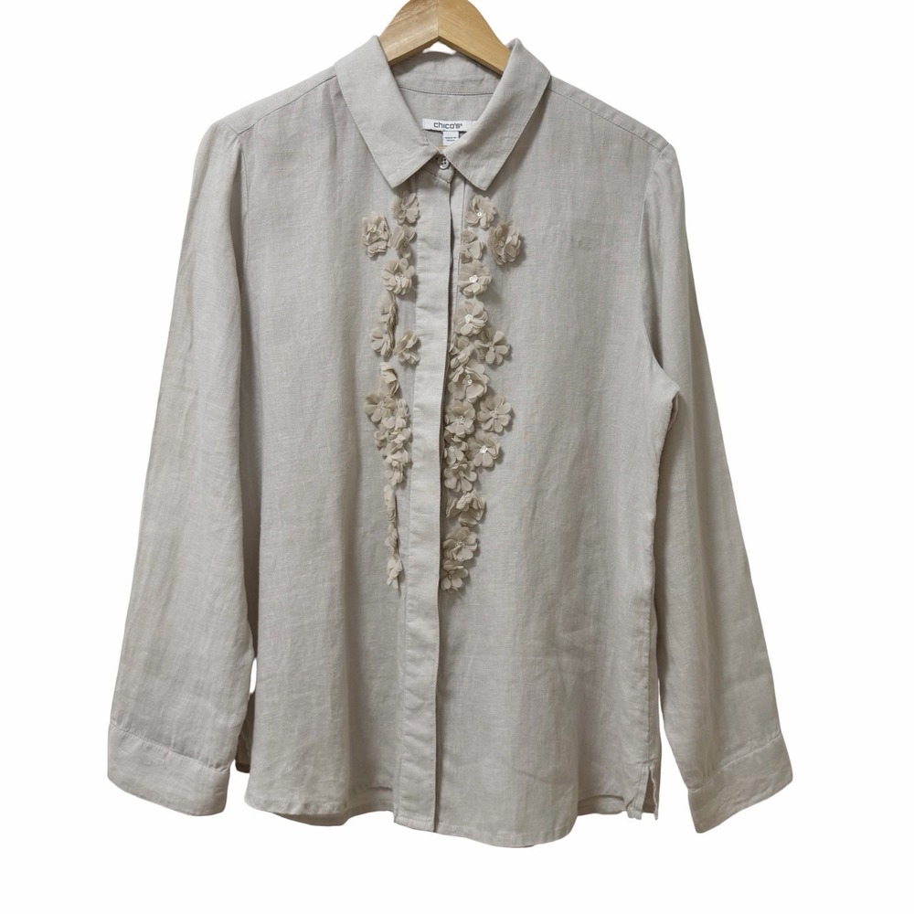 Chicos Womens Linen Floral Applique Long Sleeve Button Up Shirt Size 10 Neutral